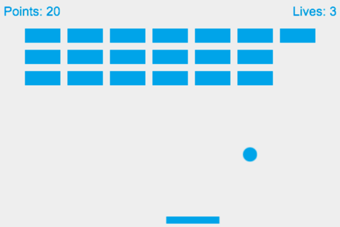 Gameplay screen from the game MDN Breakout created with pure JavaScript where you can use your paddle to bounce the ball and destroy the brick field, with keeping the points and lives.